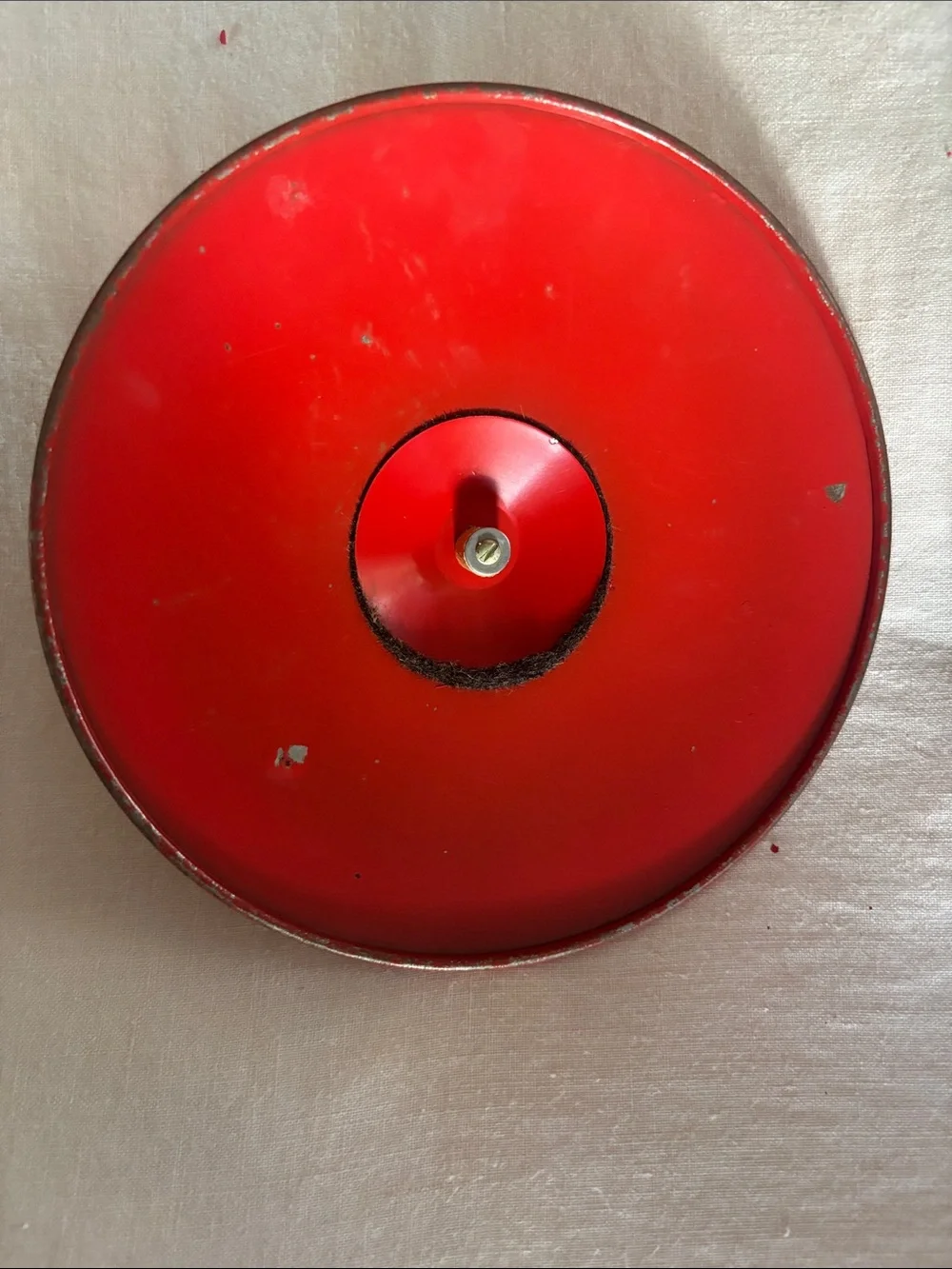 Vintage Tin red orange 1950’s 3 piece wood knob thread round metal Sewing box